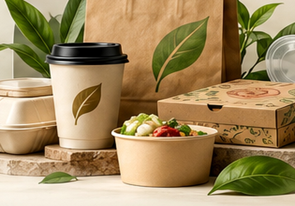 A curated arrangement of kraft bags, coffee cups, takeaway boxes and bagasse food packaging